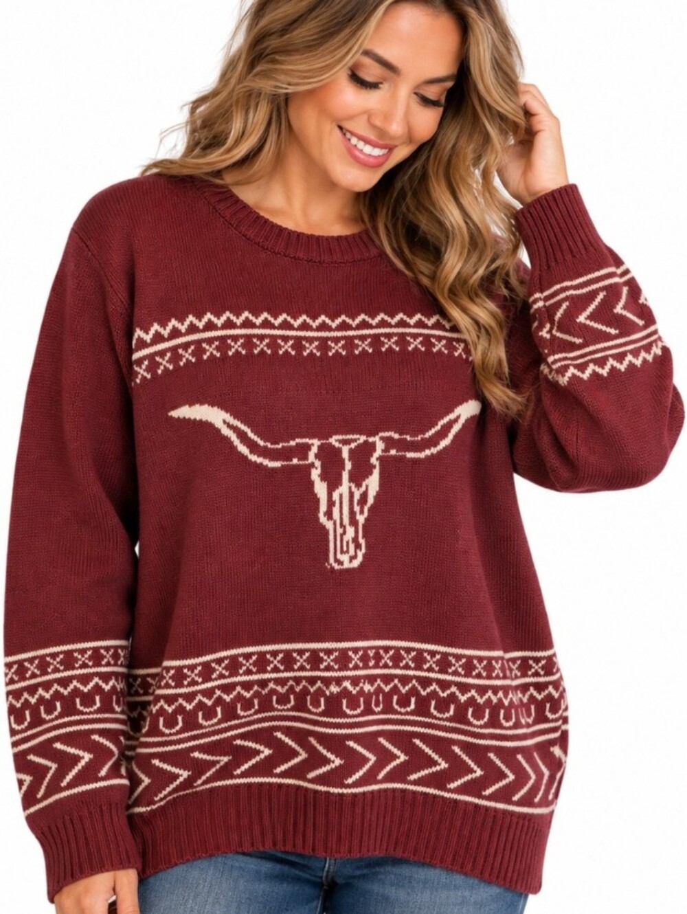 Cotton & Rye Longhorn Southwestern Knit Sweater Burgundy Large Western